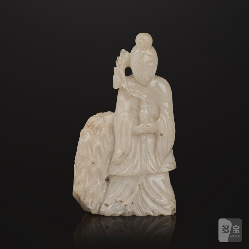 明 十七世紀 玉獸面紋爐 及 清 十九世紀 白玉仕女像 | PETITE COUPE À ANSES EN JADE CÉLADON ET STATUETTE DE DAME EN JADE BLANC - 图5